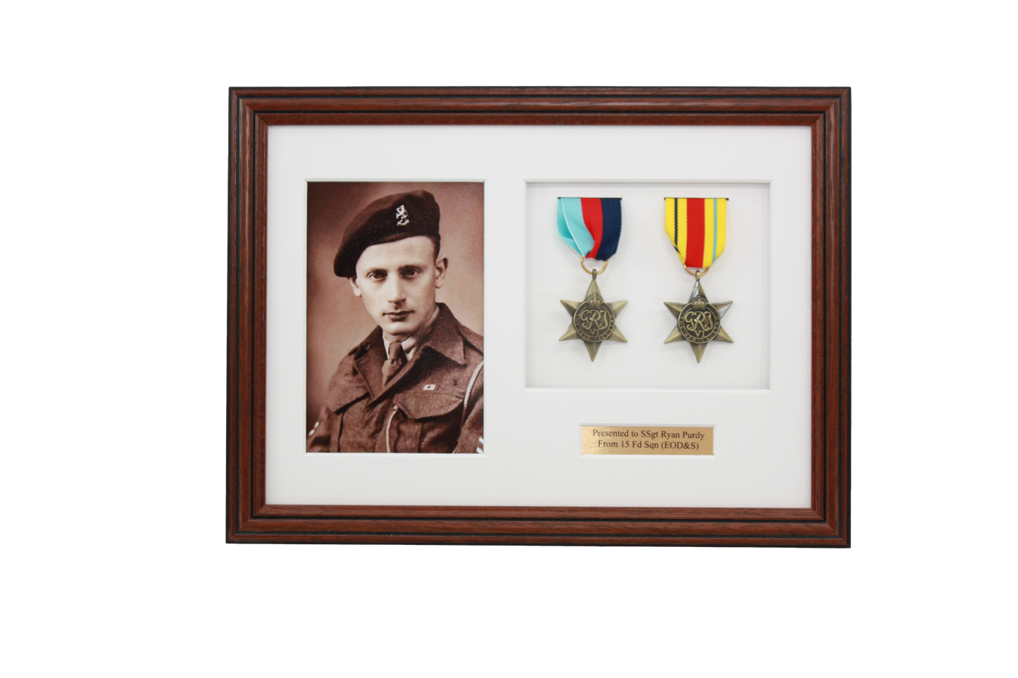 Personalised Military Medal display Frame for Two Medals and a 6x4" Photograph. Traditional Range. - PhotoFramesandMore - Wooden Picture Frames