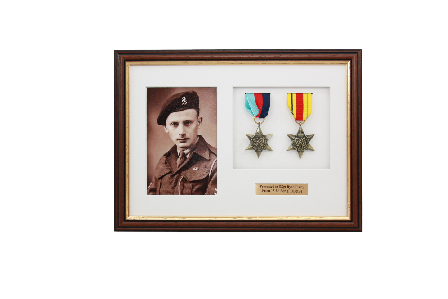 Personalised Military Medal display Frame for Two Medals and a 6x4" Photograph. Traditional Range. - PhotoFramesandMore - Wooden Picture Frames