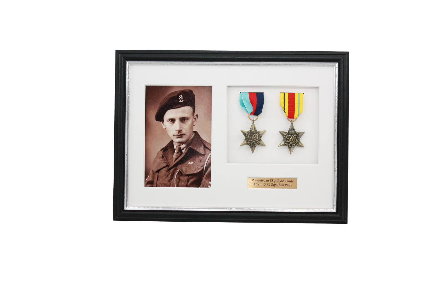 Personalised Military Medal display Frame for Two Medals and a 6x4" Photograph. Traditional Range. - PhotoFramesandMore - Wooden Picture Frames