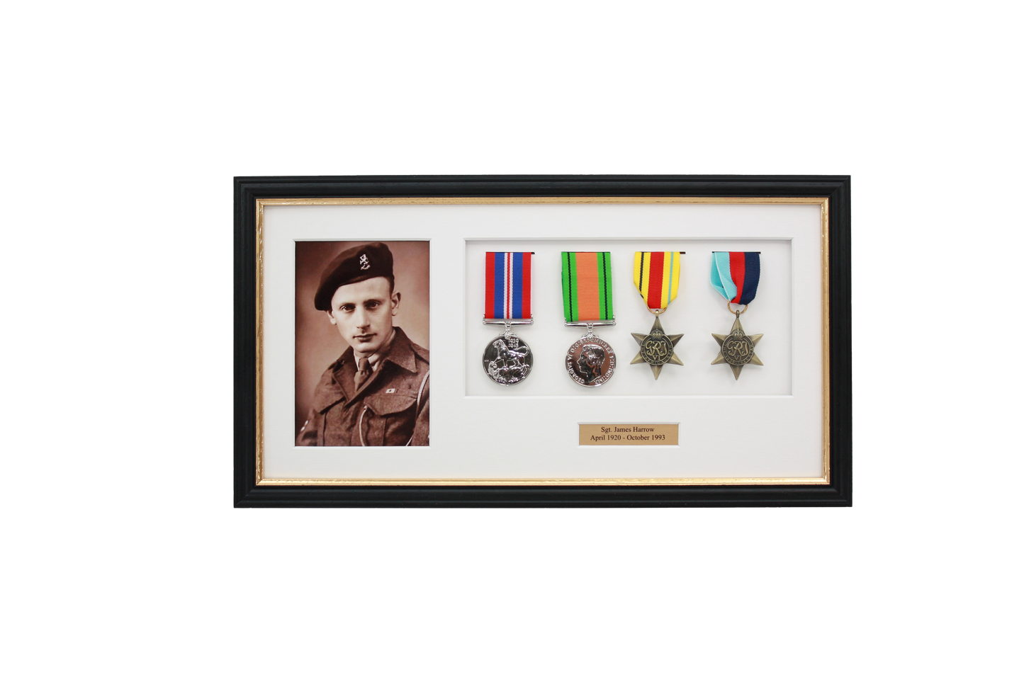 Personalised Military Medal display Frame for Four Medals and a 6x4" Photograph. Traditional Range. - PhotoFramesandMore - Wooden Picture Frames