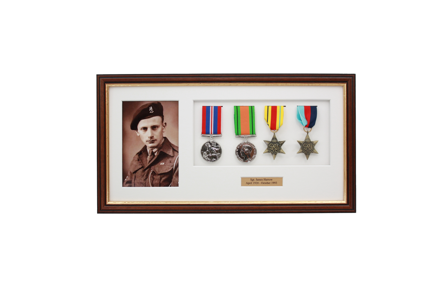 Personalised Military Medal display Frame for Four Medals and a 6x4" Photograph. Traditional Range. - PhotoFramesandMore - Wooden Picture Frames
