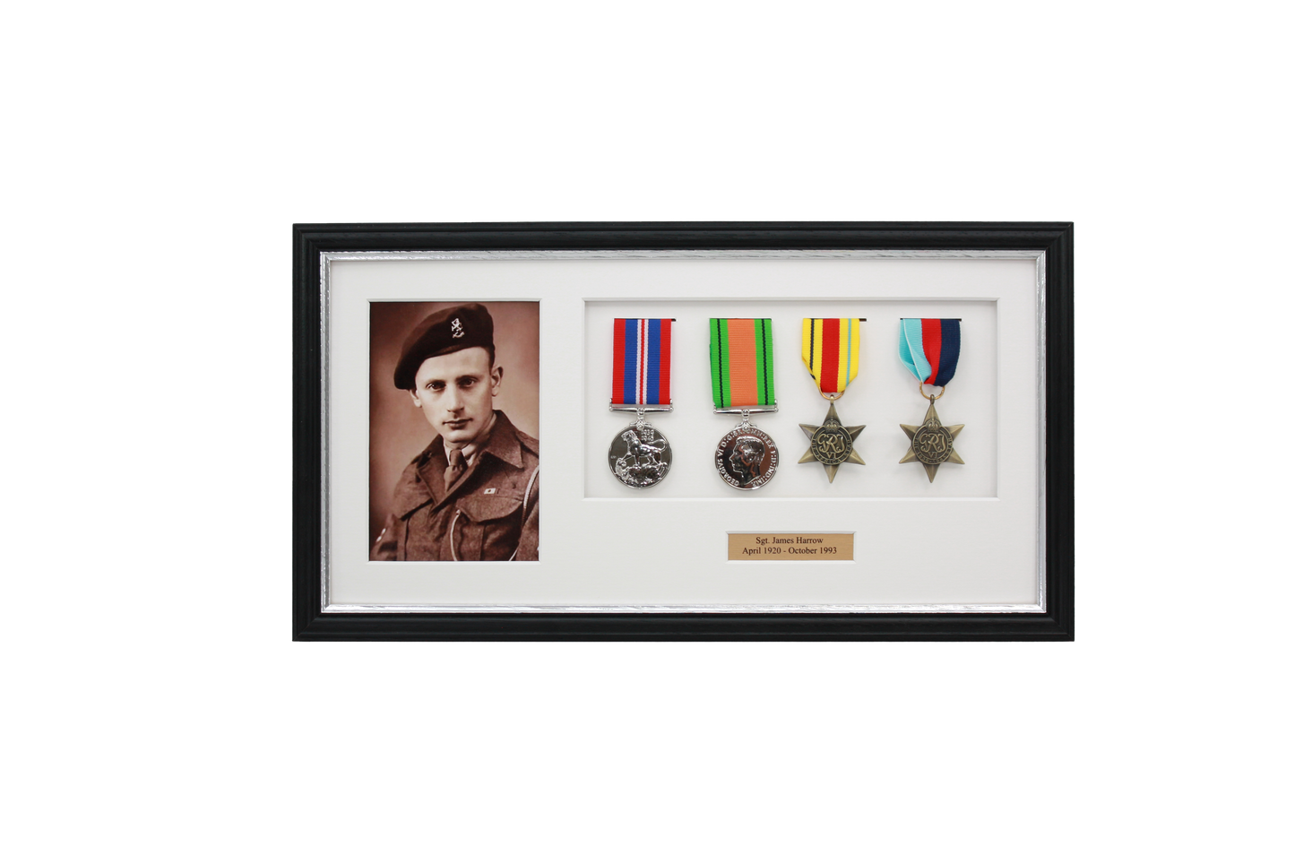 Personalised Military Medal display Frame for Four Medals and a 6x4" Photograph. Traditional Range. - PhotoFramesandMore - Wooden Picture Frames