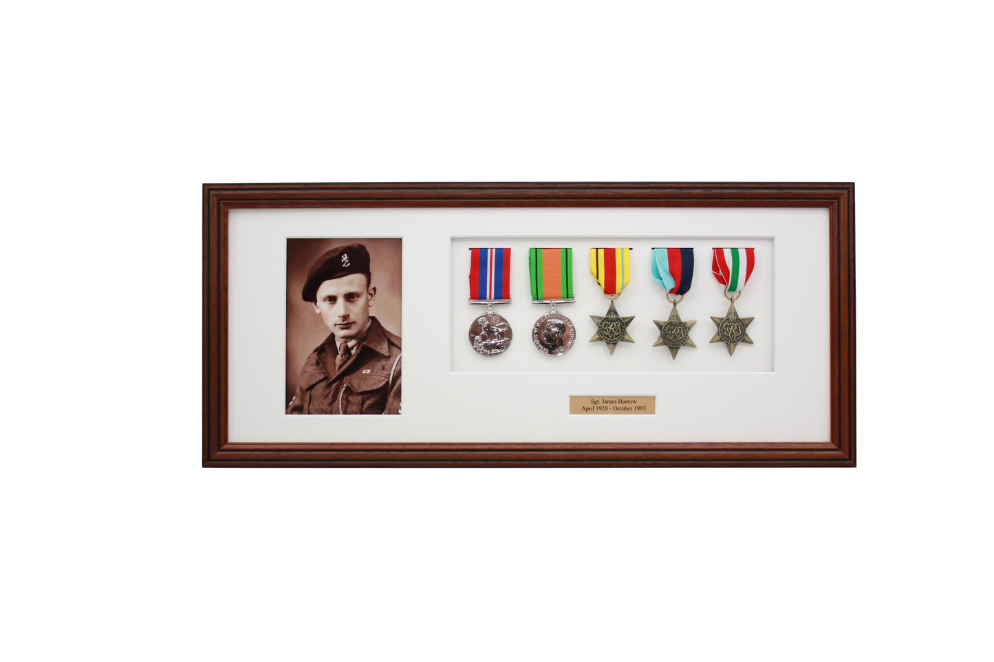 Personalised Military Medal display Frame for Five Medals and one 6x4" Photograph. Traditional Range. - PhotoFramesandMore - Wooden Picture Frames