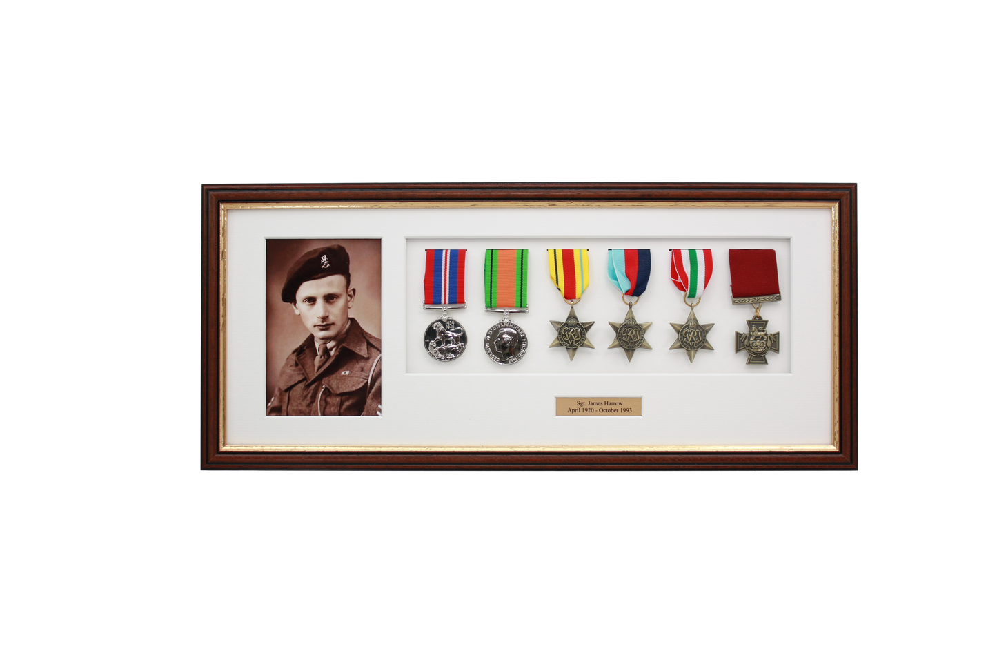 Personalised Military Medal display Frame for Six Medals and one 6x4" Photograph. Traditional Range - PhotoFramesandMore - Wooden Picture Frames