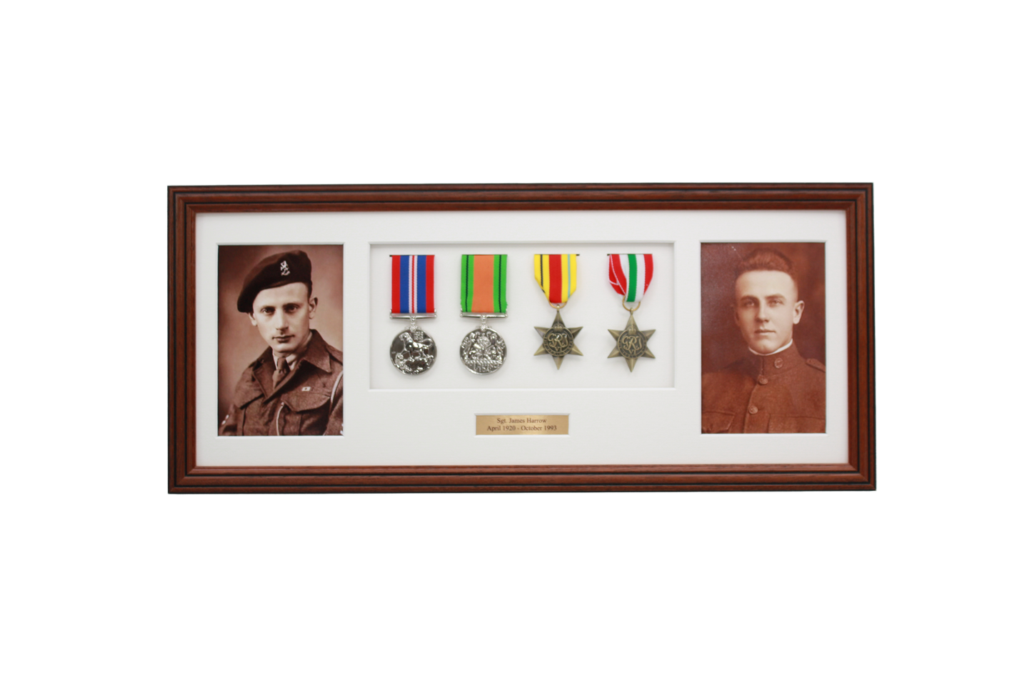 Personalised Military Medal display Frame for Four Medals and two 6x4" Photographs. Traditional Range. - PhotoFramesandMore - Wooden Picture Frames