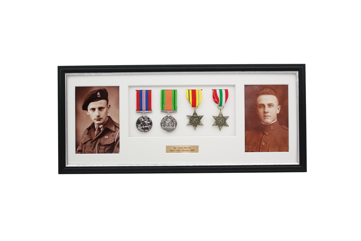 Personalised Military Medal display Frame for Four Medals and two 6x4" Photographs. Traditional Range. - PhotoFramesandMore - Wooden Picture Frames