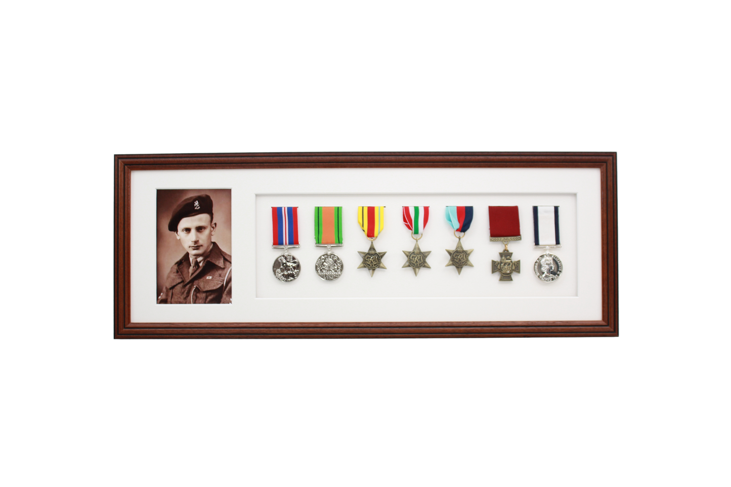 Military Medal display Frame for Seven Medals and one 6x4" Photo. Traditional Range.
