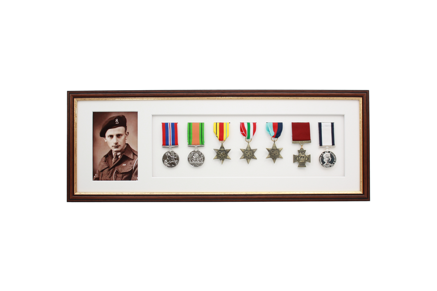 Military Medal display Frame for Seven Medals and one 6x4" Photo. Traditional Range.