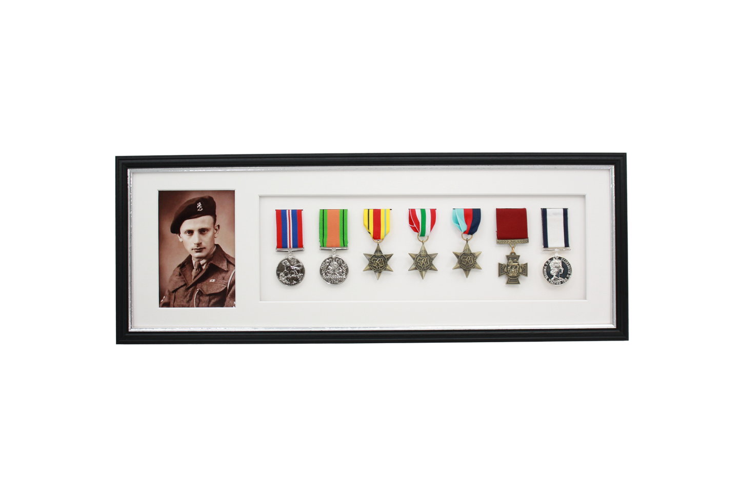 Military Medal display Frame for Seven Medals and one 6x4" Photo. Traditional Range.