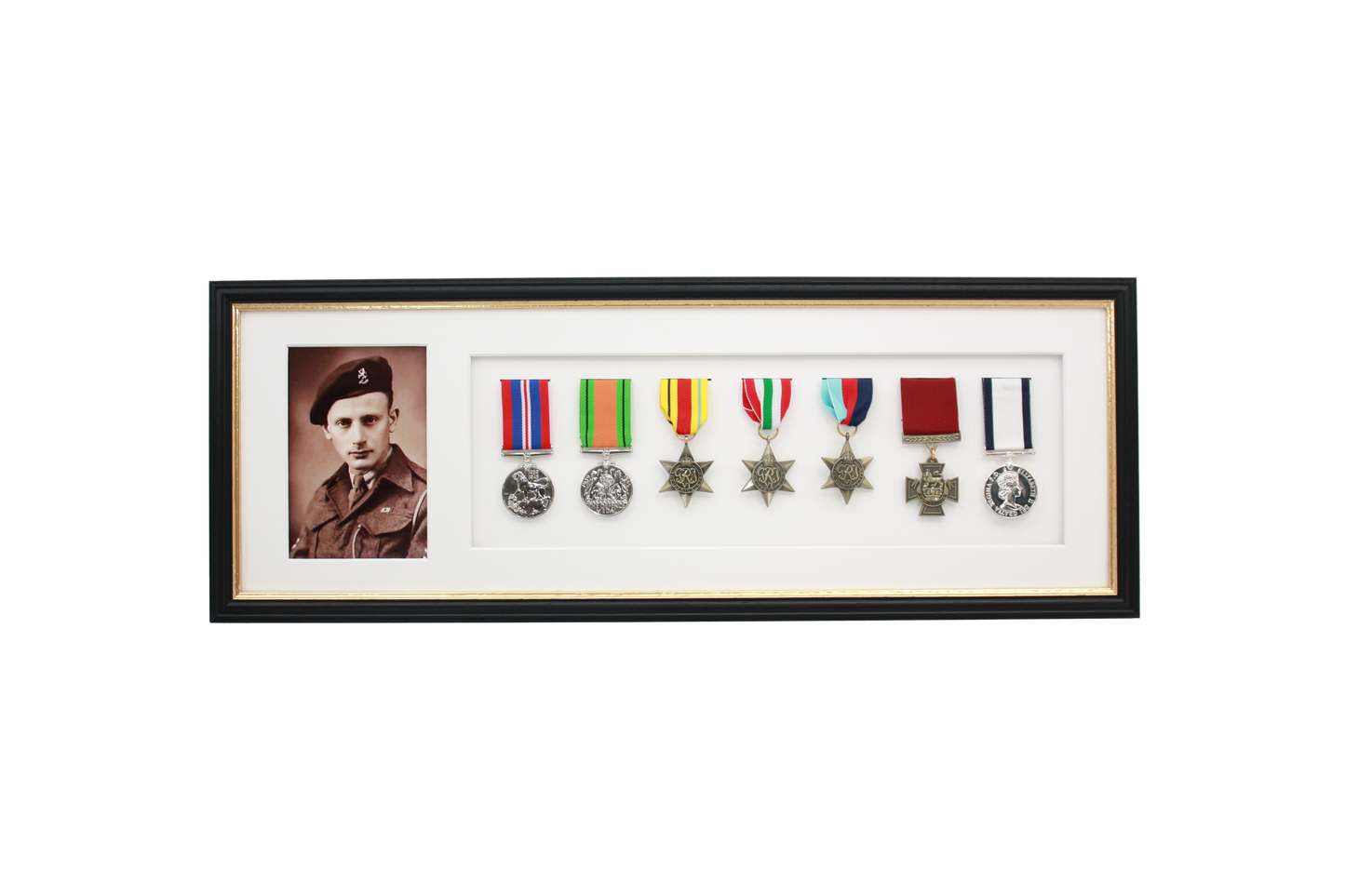 Military Medal display Frame for Seven Medals and one 6x4" Photo. Traditional Range.