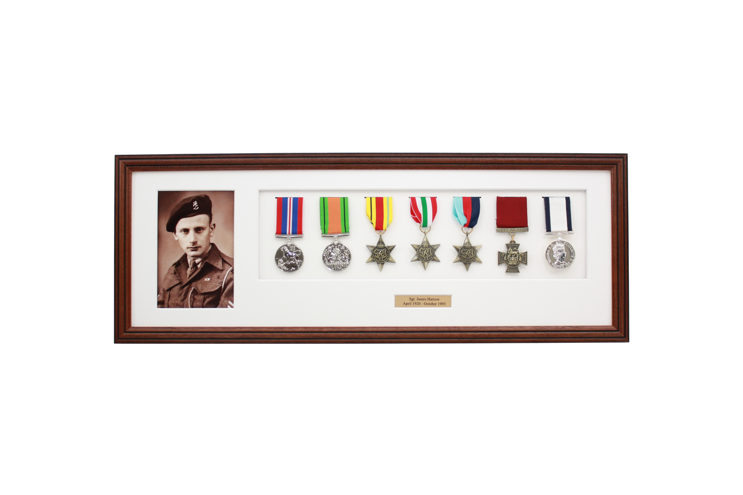 Personalised Military Medal display Frame for Seven Medals and one 6x4" Photo. Traditional Range.