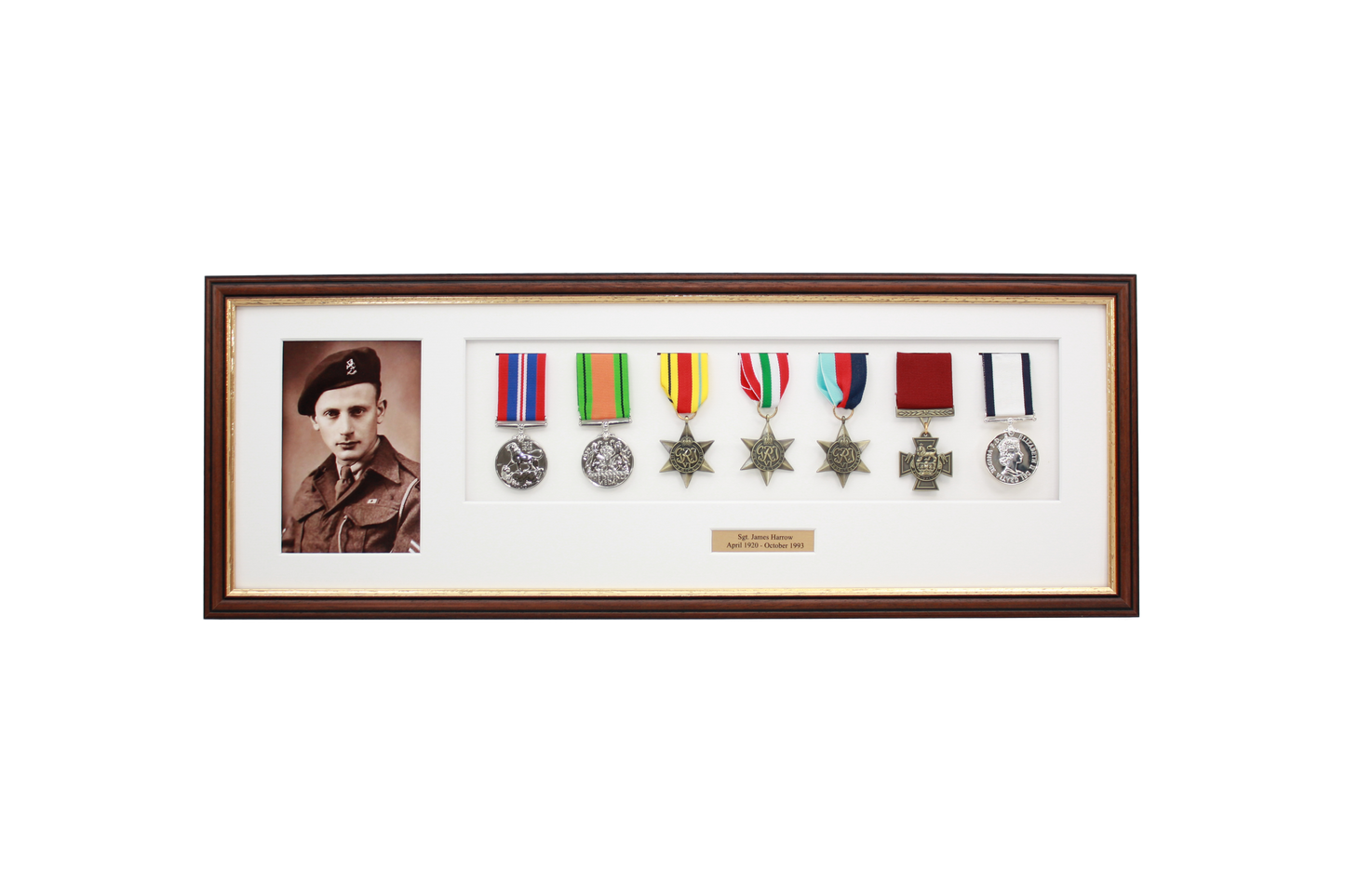 Personalised Military Medal display Frame for Seven Medals and one 6x4" Photo. Traditional Range.