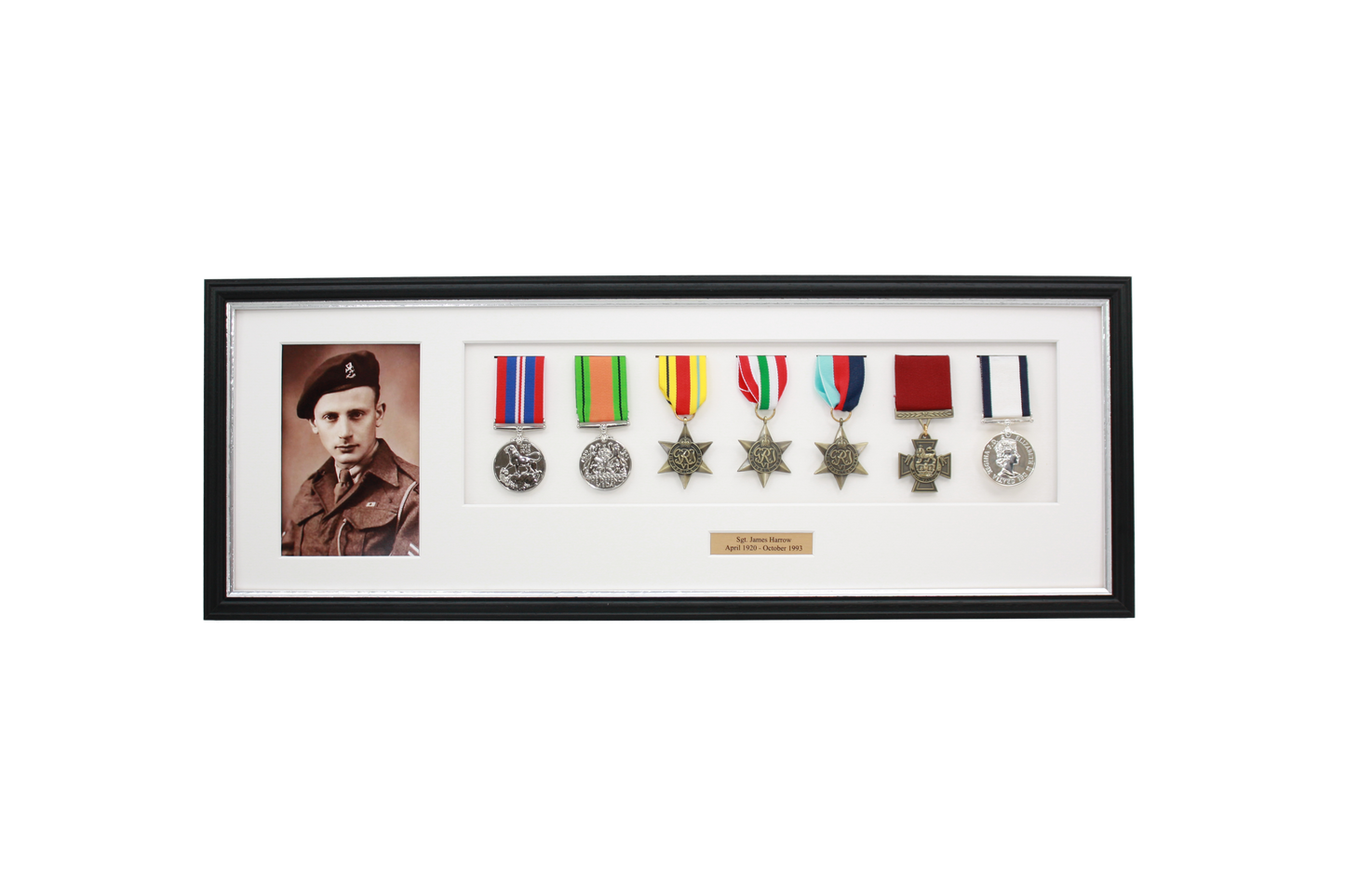 Personalised Military Medal display Frame for Seven Medals and one 6x4" Photo. Traditional Range.
