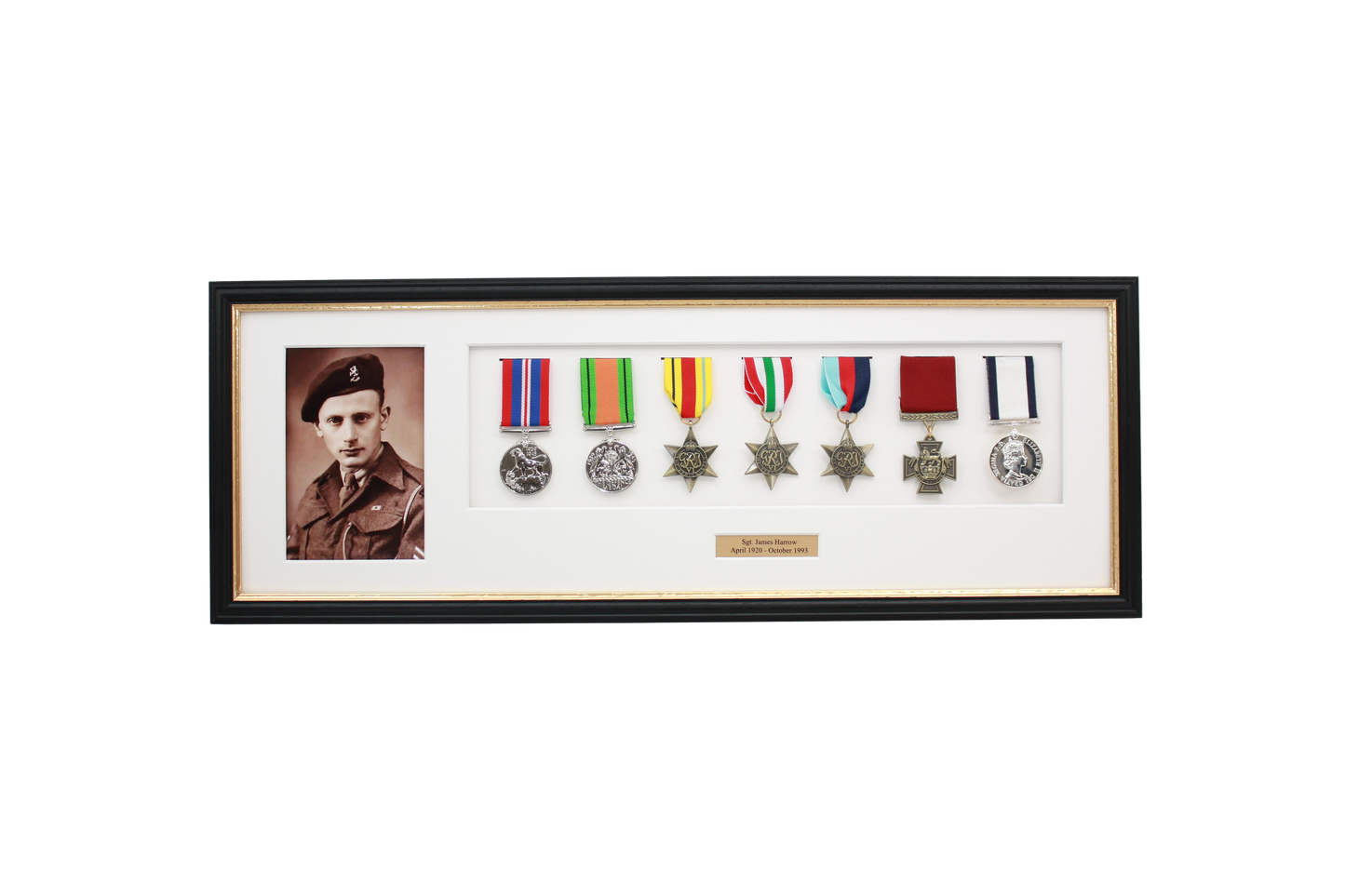 Personalised Military Medal display Frame for Seven Medals and one 6x4" Photo. Traditional Range.