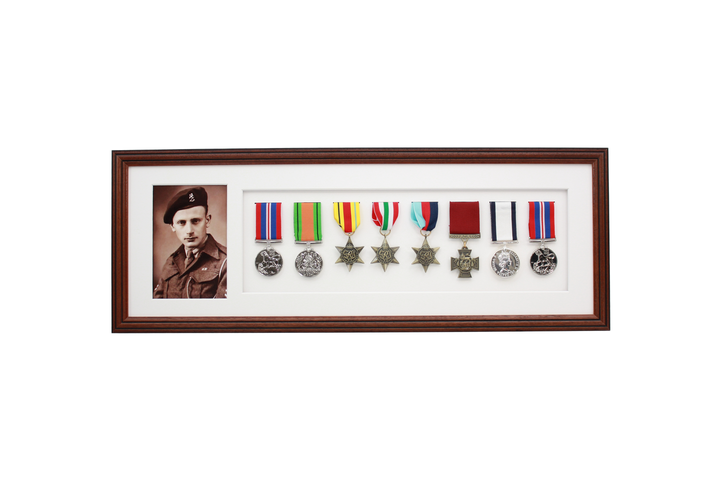Military Medal display Frame for Eight Medals and one 6x4" Photo. Traditional Range.