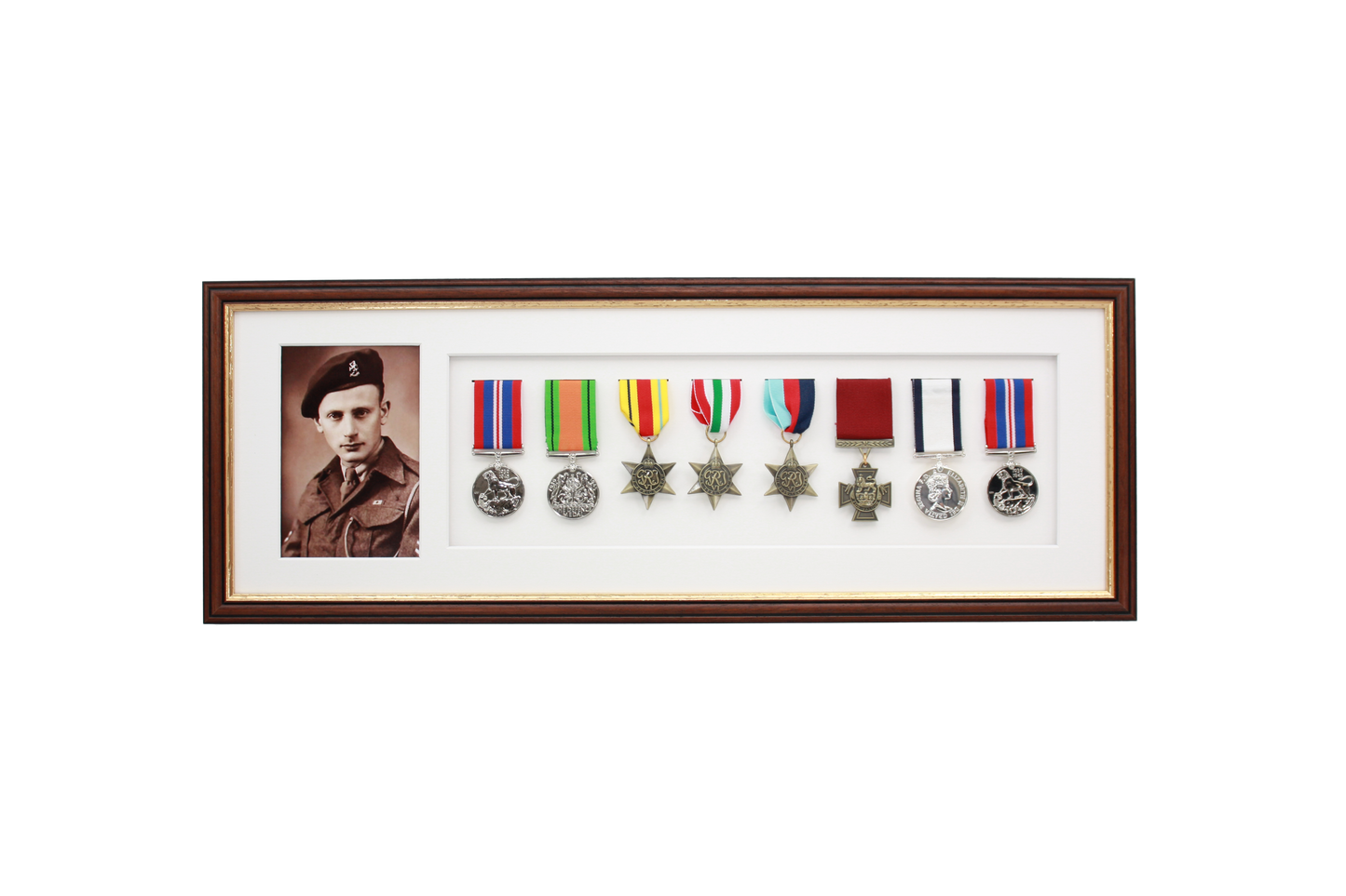Military Medal display Frame for Eight Medals and one 6x4" Photo. Traditional Range.