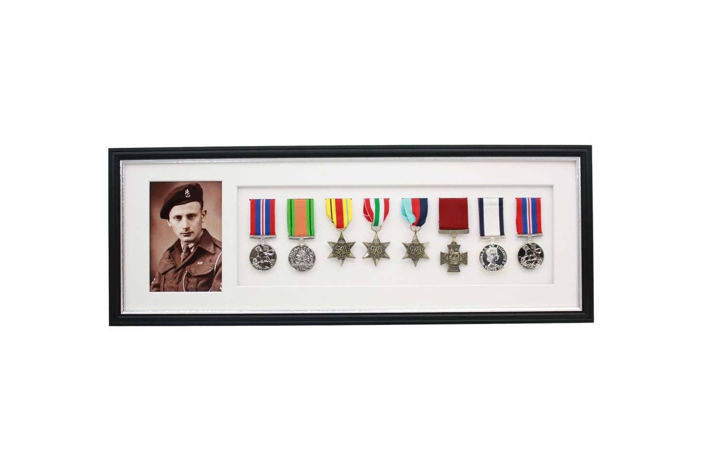 Military Medal display Frame for Eight Medals and one 6x4" Photo. Traditional Range.