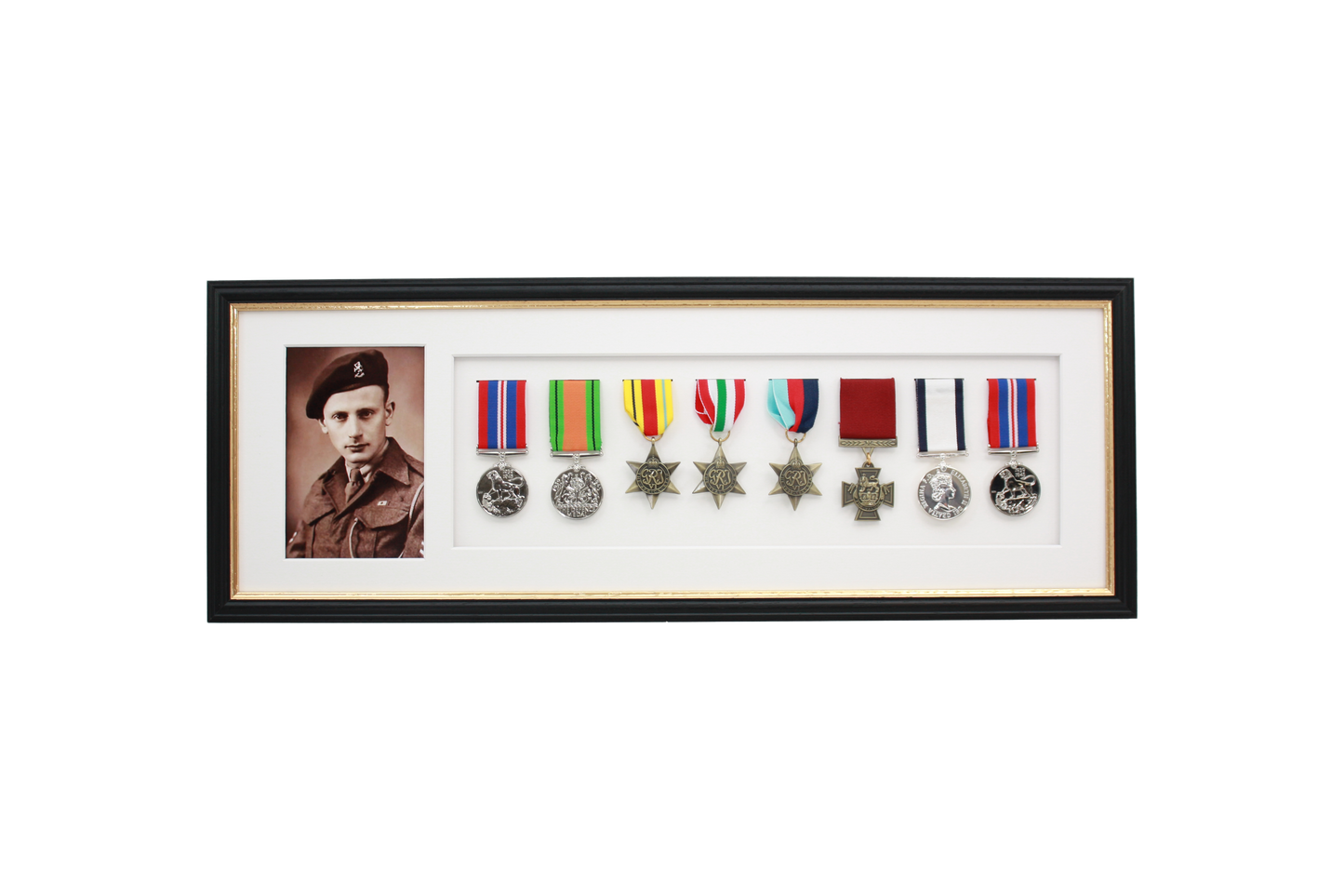 Military Medal display Frame for Eight Medals and one 6x4" Photo. Traditional Range.