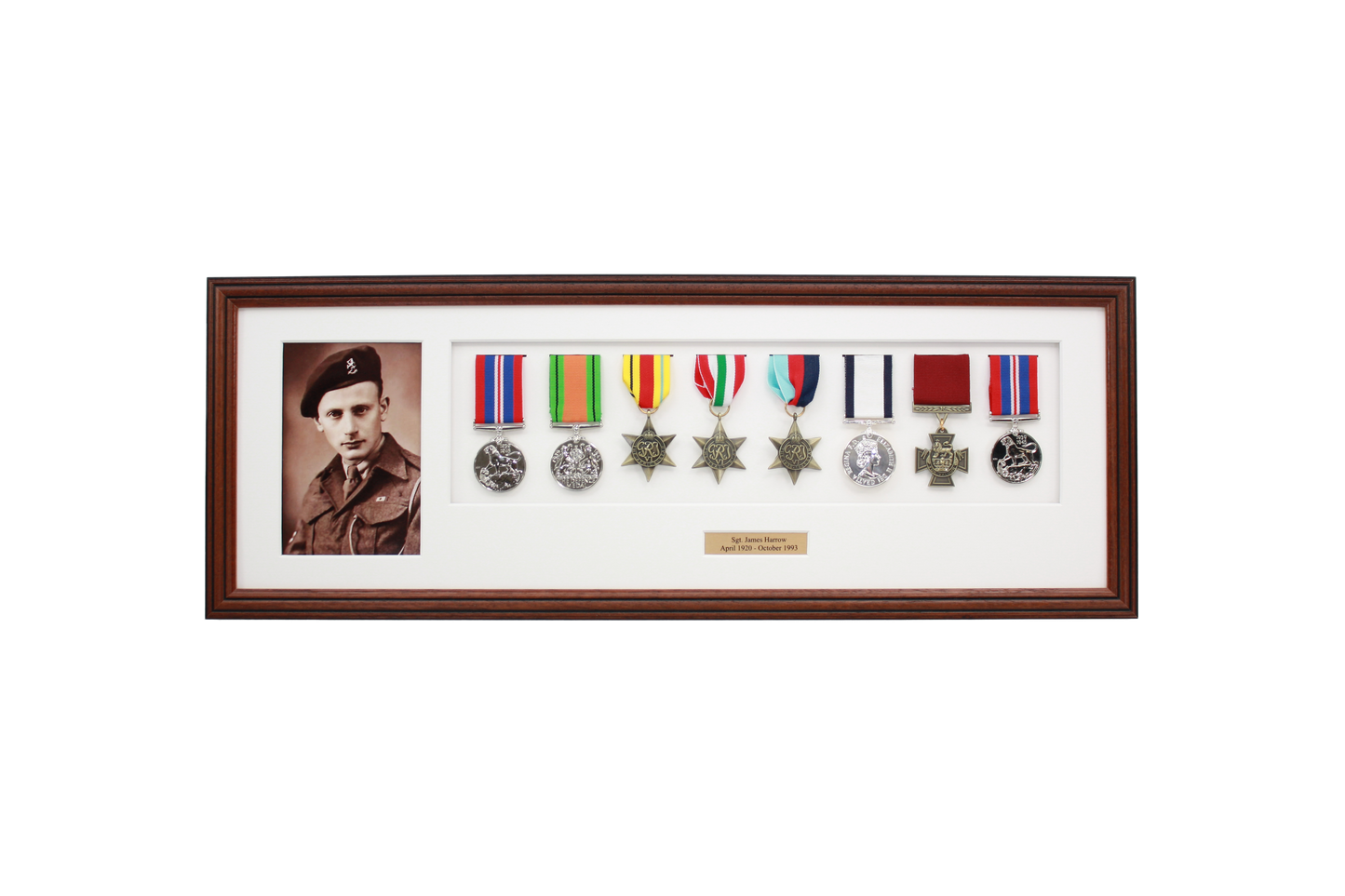 Personalised Military Medal display Frame for Eight Medals and one 6x4" Photo. Traditional Range.
