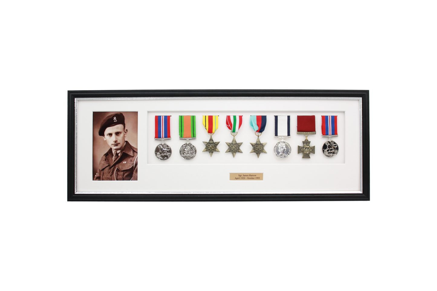 Personalised Military Medal display Frame for Eight Medals and one 6x4" Photo. Traditional Range.