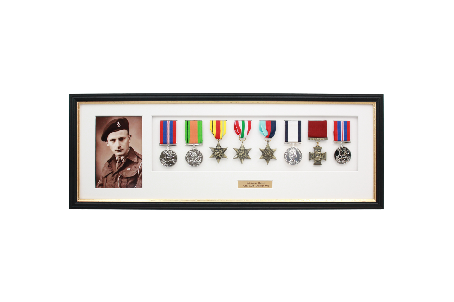 Personalised Military Medal display Frame for Eight Medals and one 6x4" Photo. Traditional Range.