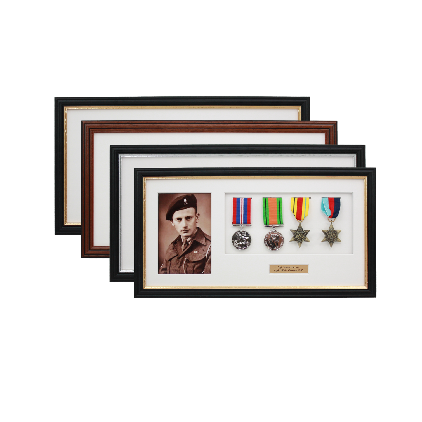 Personalised Military Medal display Frame for Four Medals and a 6x4" Photograph. Traditional Range. - PhotoFramesandMore - Wooden Picture Frames