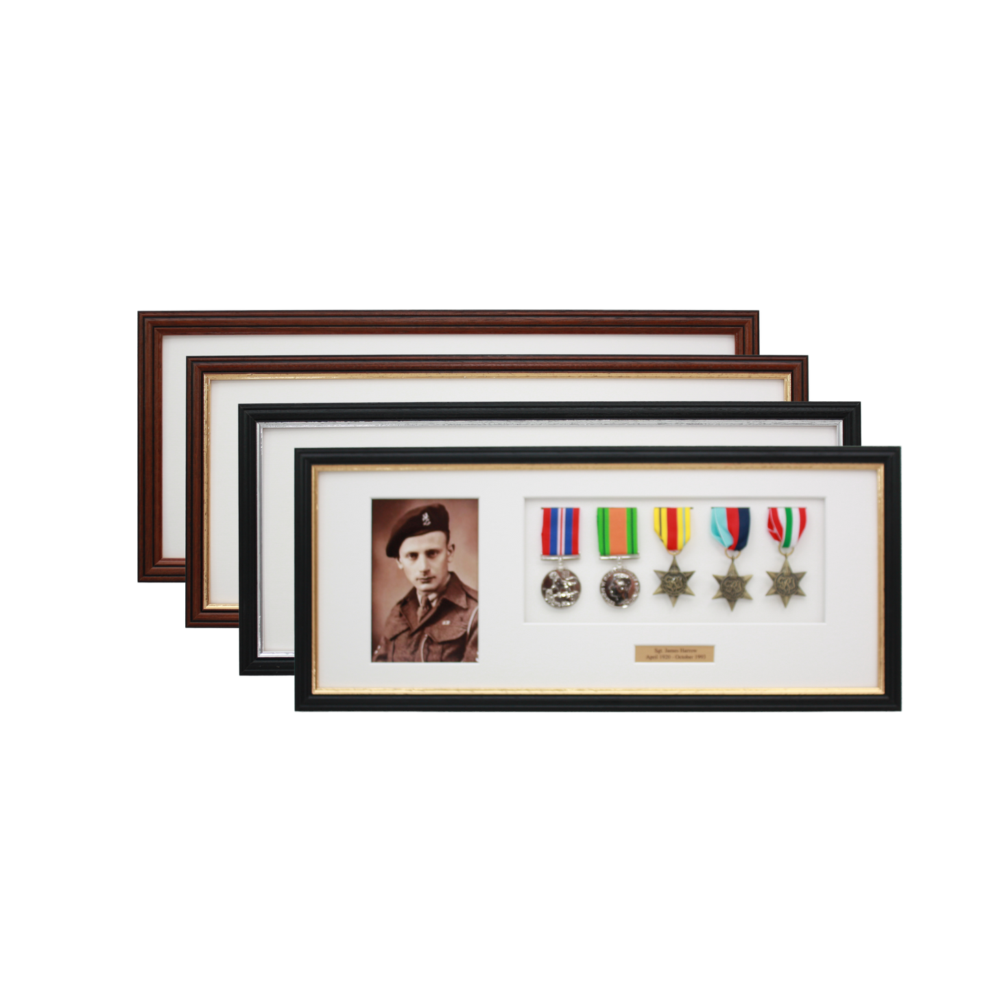 Personalised Military Medal display Frame for Five Medals and one 6x4" Photograph. Traditional Range. - PhotoFramesandMore - Wooden Picture Frames