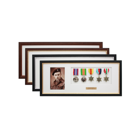 Personalised Military Medal display Frame for Five Medals and one 6x4" Photograph. Traditional Range. - PhotoFramesandMore - Wooden Picture Frames