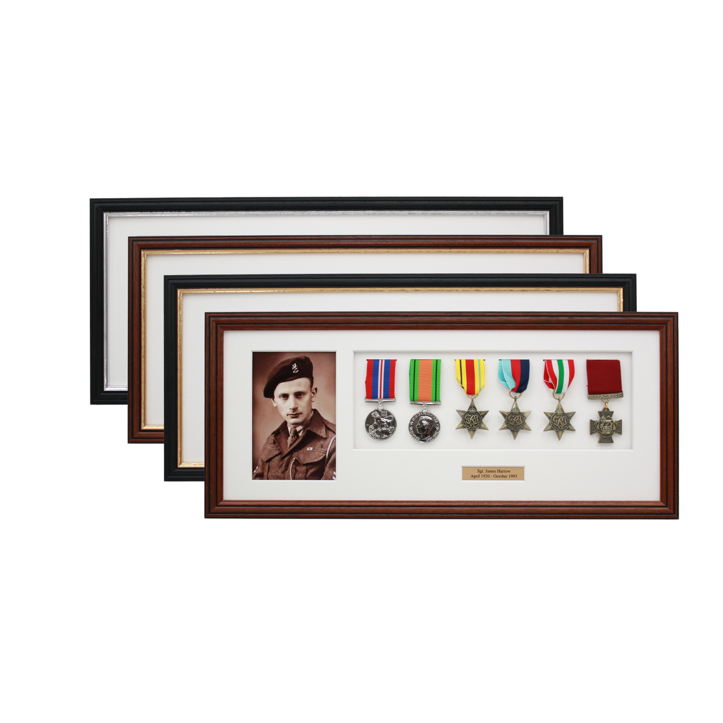 Personalised Military Medal display Frame for Six Medals and one 6x4" Photograph. Traditional Range - PhotoFramesandMore - Wooden Picture Frames