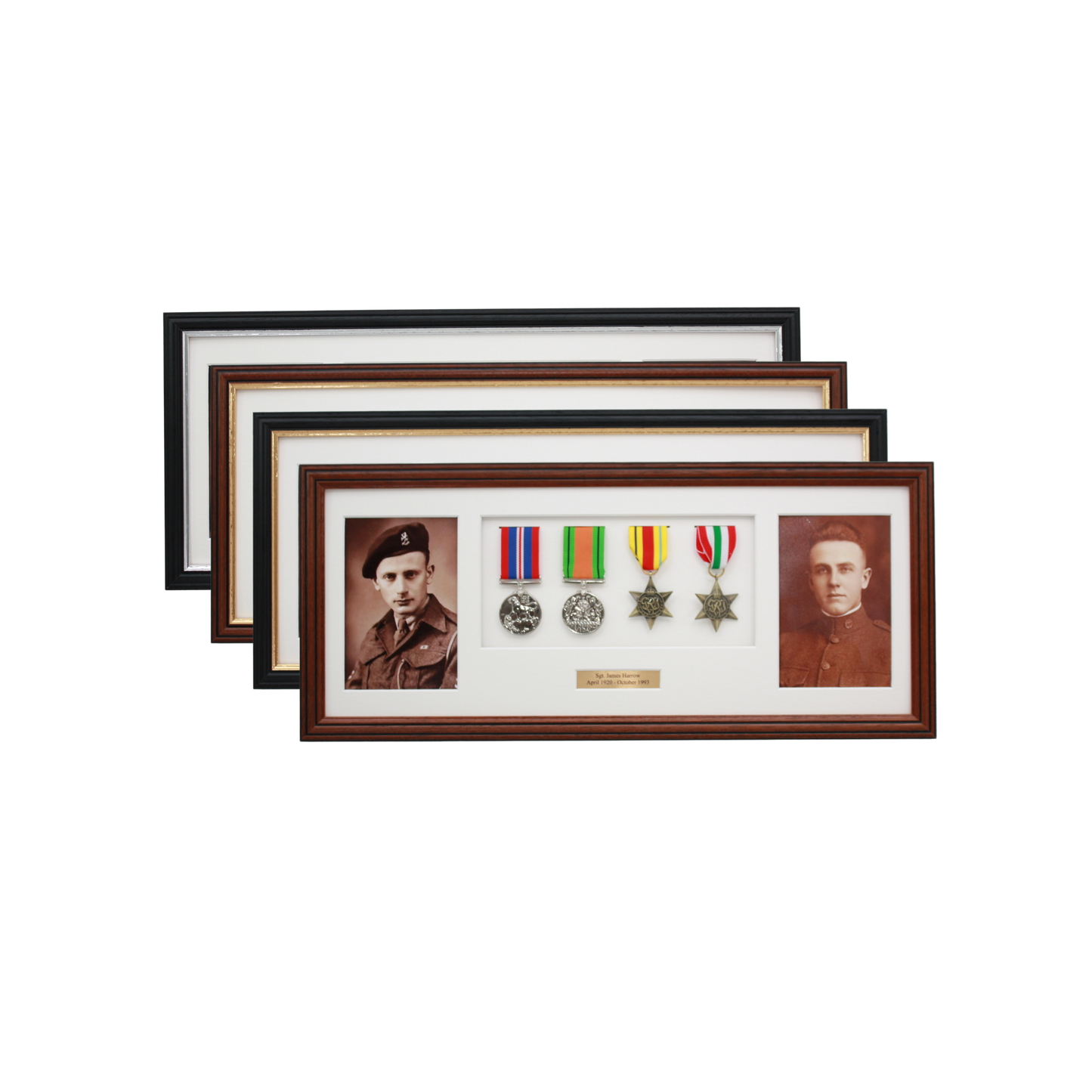 Personalised Military Medal display Frame for Four Medals and two 6x4" Photographs. Traditional Range. - PhotoFramesandMore - Wooden Picture Frames