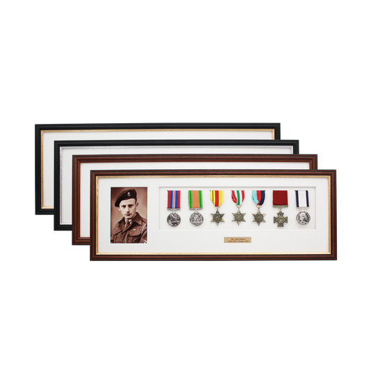 Personalised Military Medal display Frame for Seven Medals and one 6x4" Photo. Traditional Range.