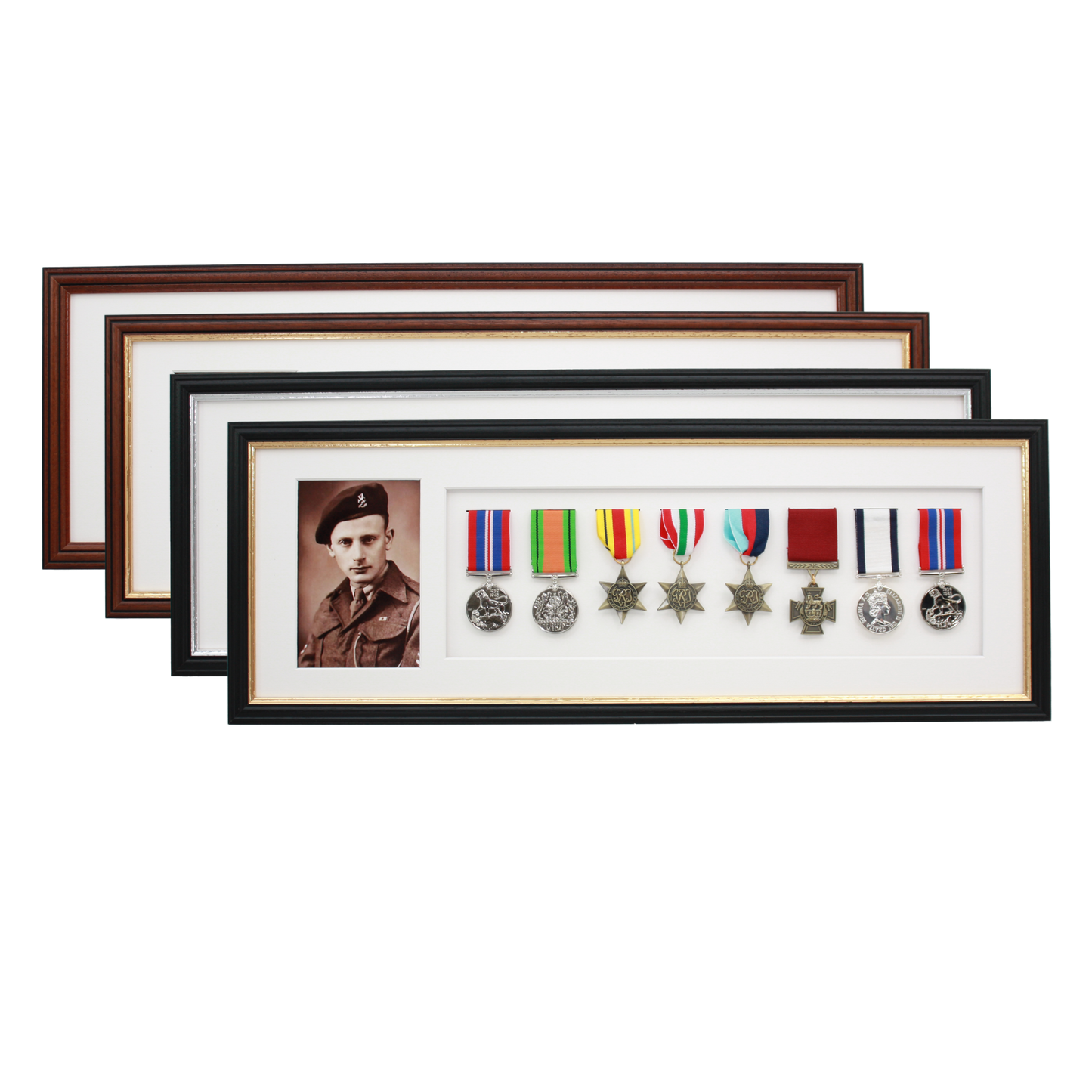 Military Medal display Frame for Eight Medals and one 6x4" Photo. Traditional Range.
