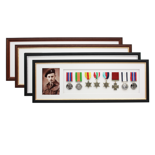 Military Medal display Frame for Eight Medals and one 6x4" Photo. Traditional Range.