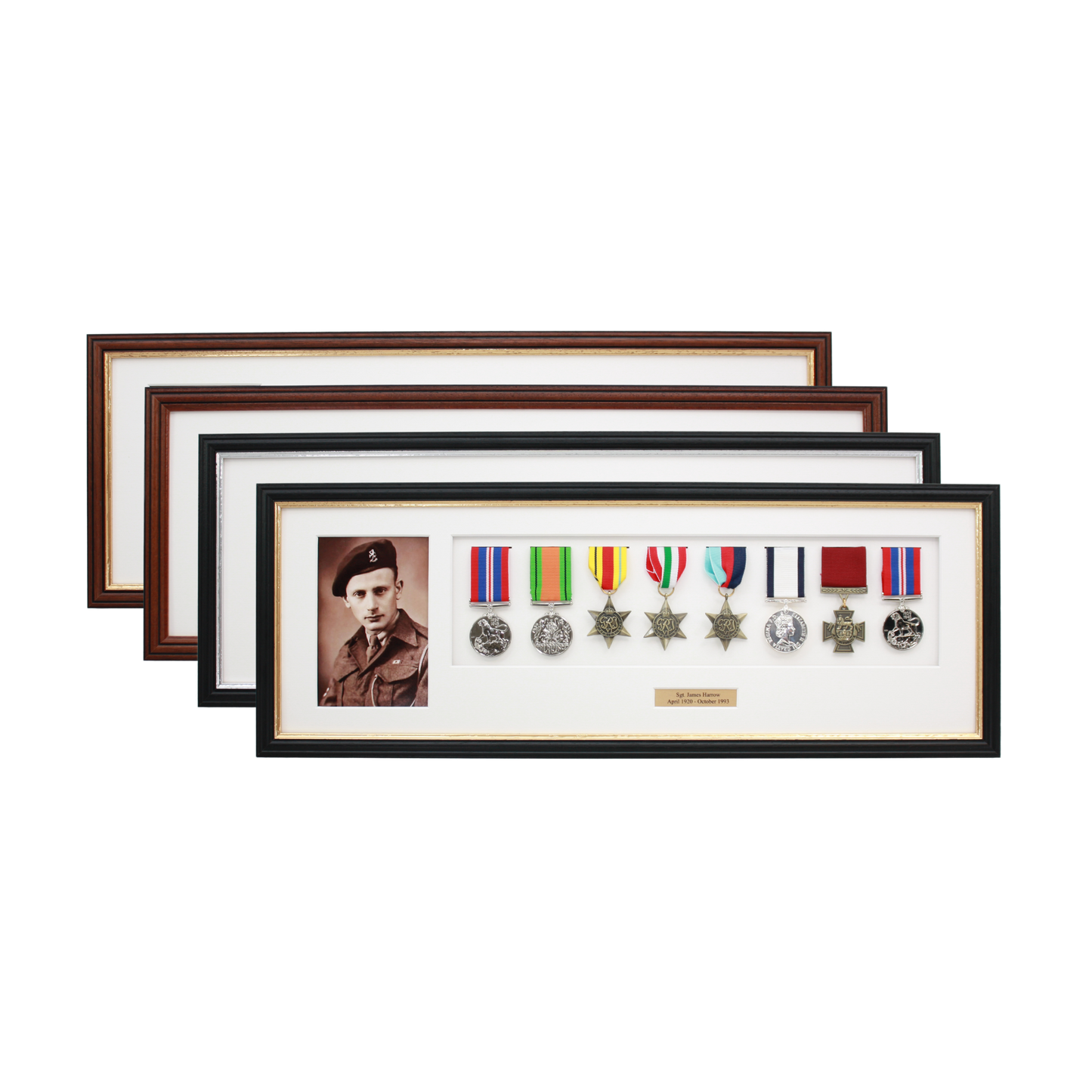 Personalised Military Medal display Frame for Eight Medals and one 6x4" Photo. Traditional Range.