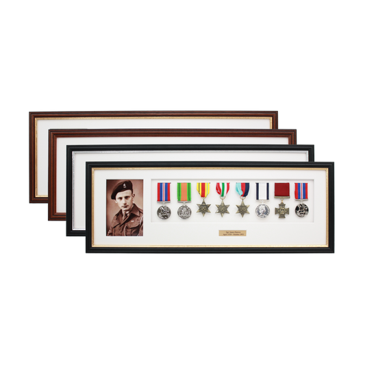 Personalised Military Medal display Frame for Eight Medals and one 6x4" Photo. Traditional Range.