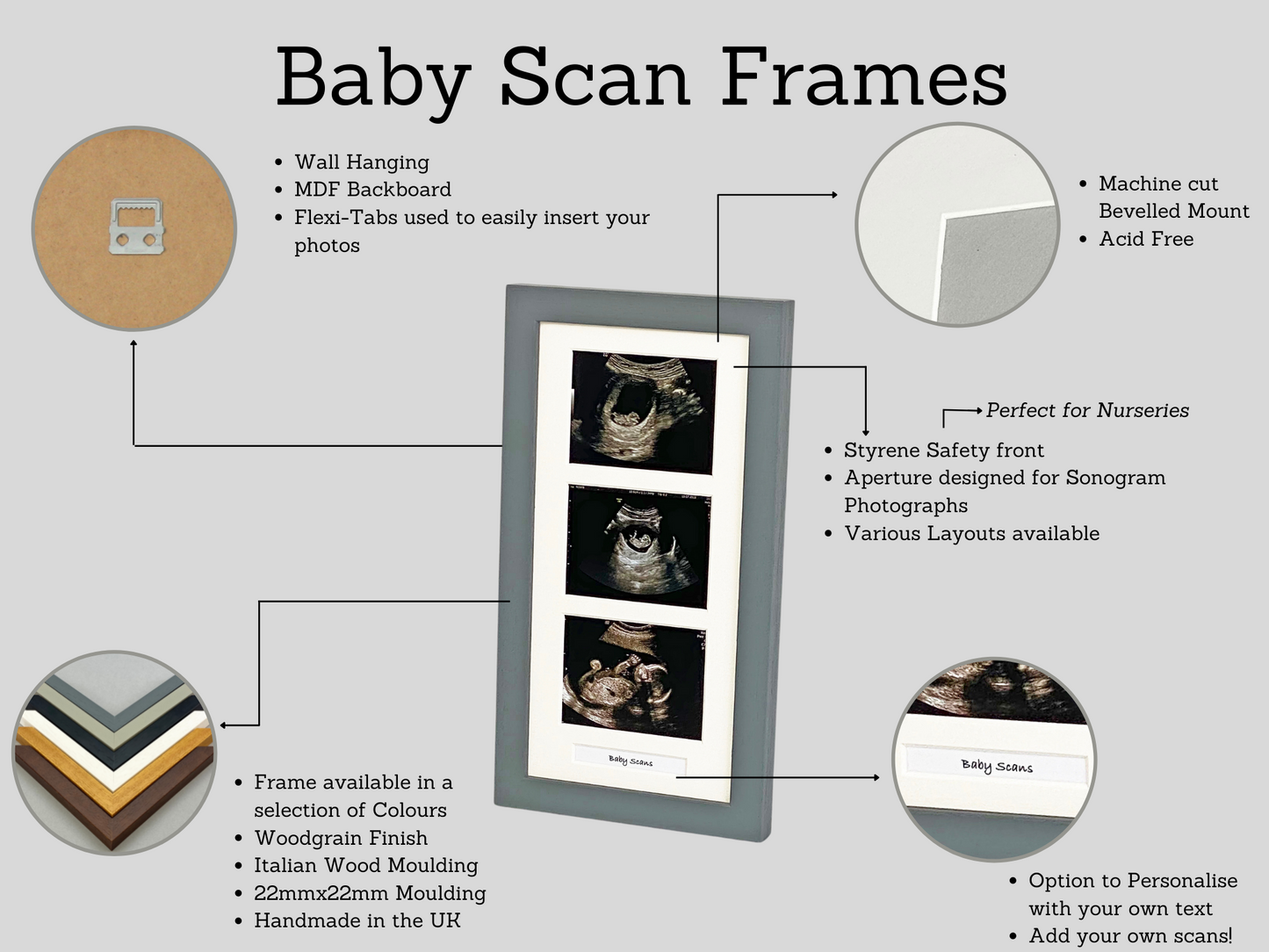 Portrait Baby Scan Frame for 6x4" photo, sonogram and text. Optional Personalisation - PhotoFramesandMore - Wooden Picture Frames