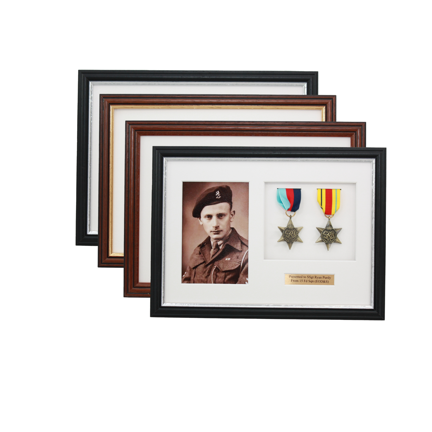 Personalised Military Medal display Frame for Two Medals and a 6x4" Photograph. Traditional Range. - PhotoFramesandMore - Wooden Picture Frames