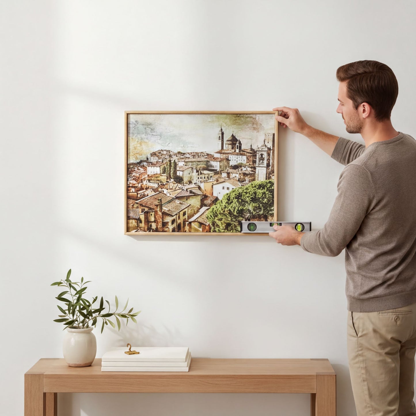 A man is hanging a framed picture on a wall, using a level to ensure it is properly aligned.