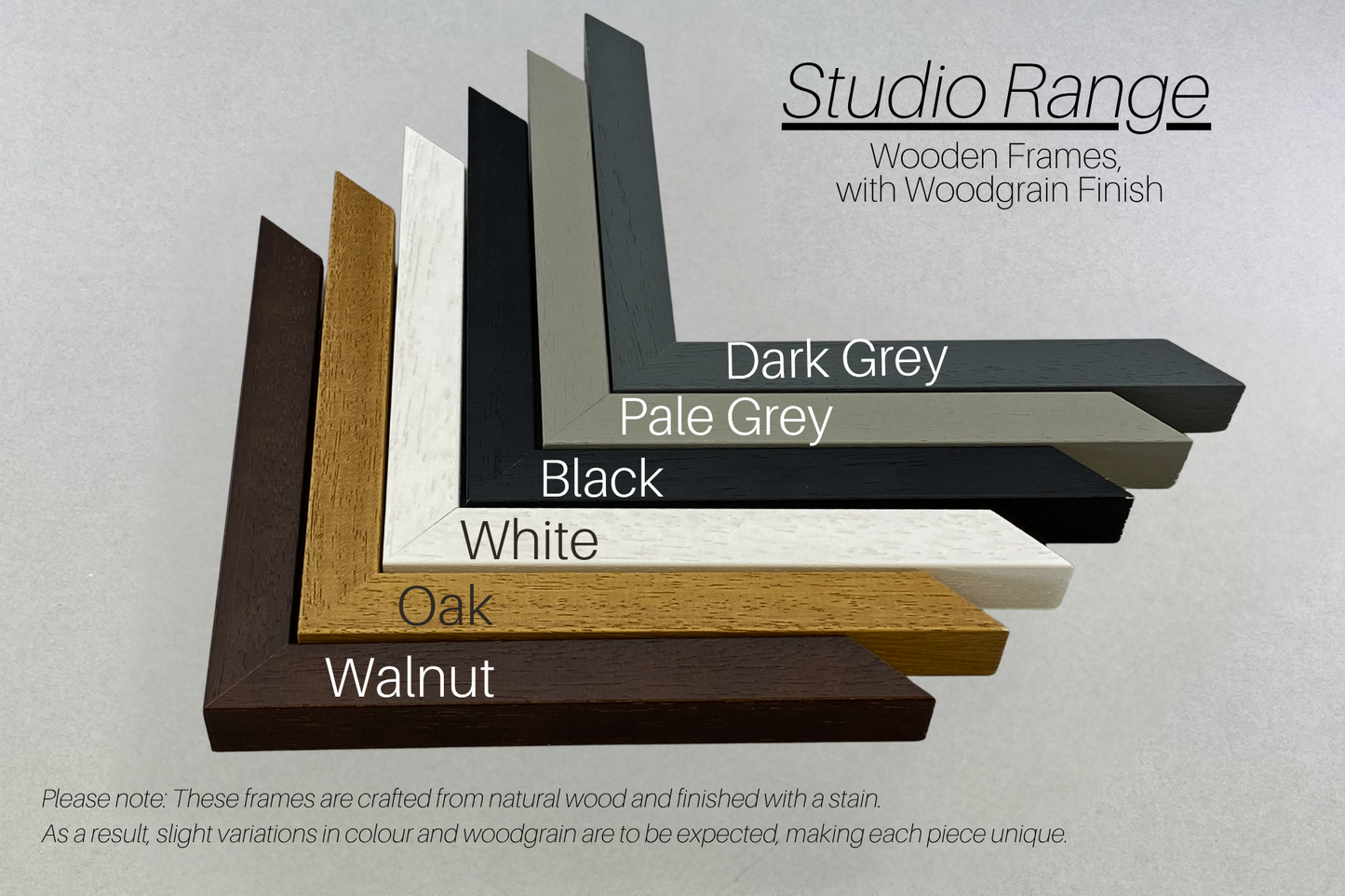 a collection of various colored wooden frames, each with a different finish, arranged in a visually appealing manner.