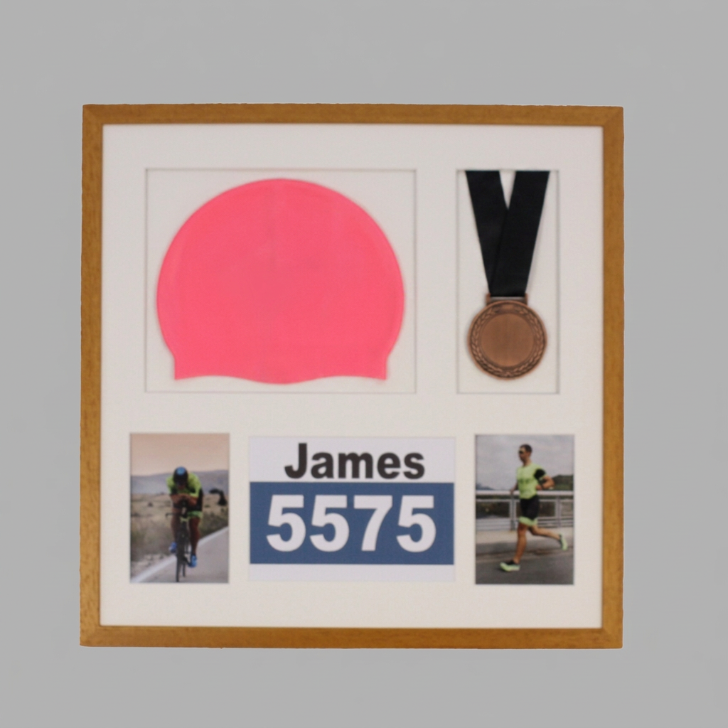 The image is a framed collage that includes a pink swim cap, a medal, and two photographs of a person running.