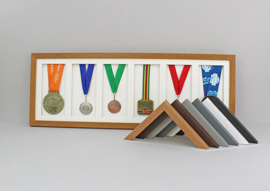 Medal Display frame for Six Medals. 25x75cm. - PhotoFramesandMore - Wooden Picture Frames