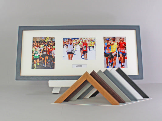 Personalised Multi Aperture frame for Three 5x7" Photos. Mixed Layout. 25x60cm. - PhotoFramesandMore - Wooden Picture Frames