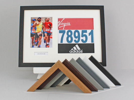 Personalised Sports Bib display Frame with Apertures for Photo & Bib. A3 Size. - PhotoFramesandMore - Wooden Picture Frames