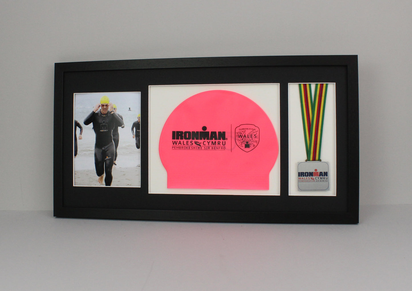Medal display Frame with Apertures for Swim Cap and Photo. 30x60cm. Swimmers | Triathletes | Athletes - PhotoFramesandMore - Wooden Picture Frames