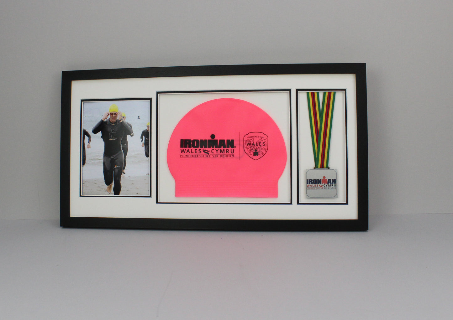Medal display Frame with Apertures for Swim Cap and Photo. 30x60cm. Swimmers | Triathletes | Athletes - PhotoFramesandMore - Wooden Picture Frames