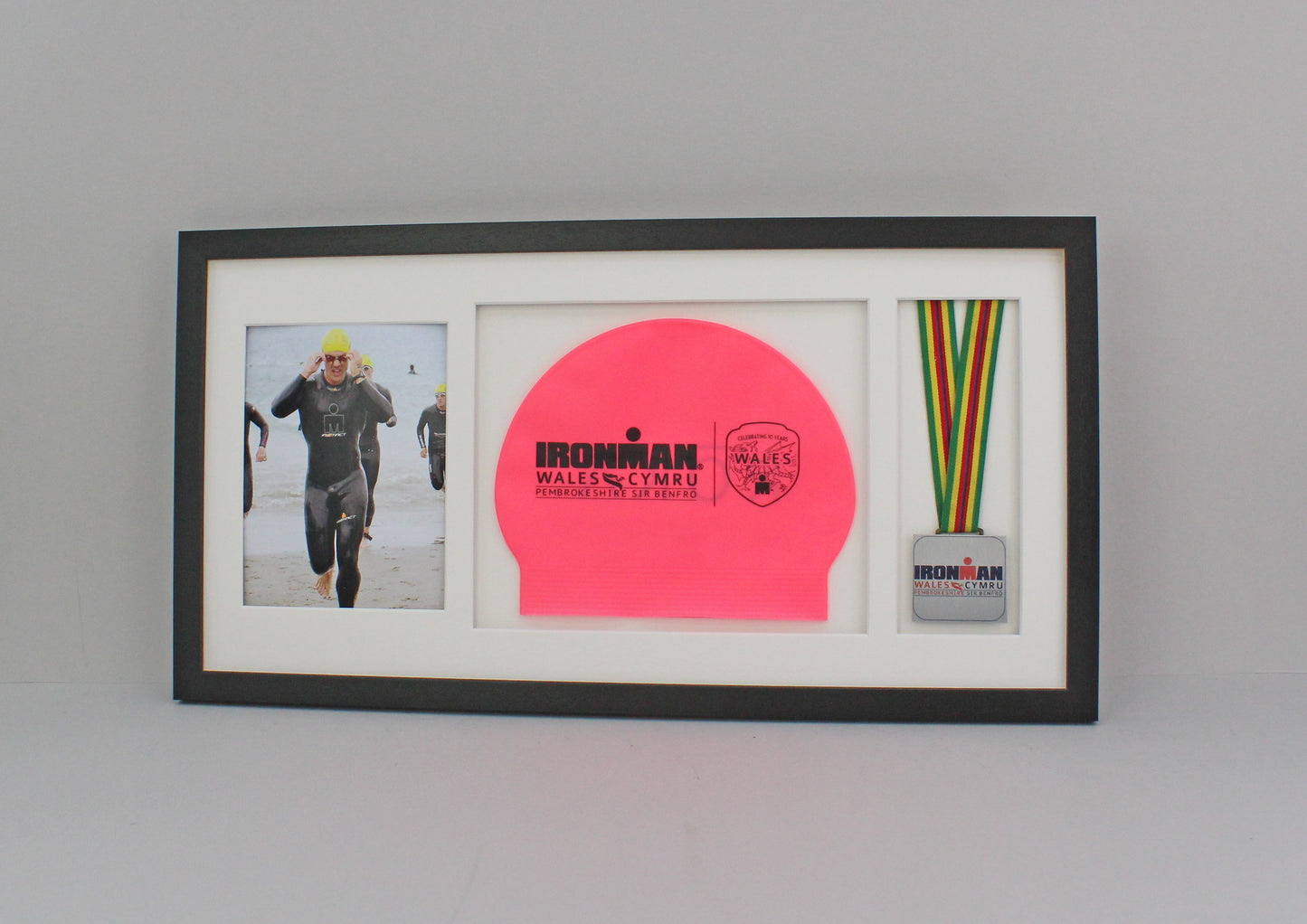 Medal display Frame with Apertures for Swim Cap and Photo. 30x60cm. Swimmers | Triathletes | Athletes - PhotoFramesandMore - Wooden Picture Frames