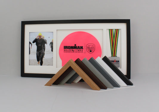 Medal display Frame with Apertures for Swim Cap and Photo. 30x60cm. Swimmers | Triathletes | Athletes - PhotoFramesandMore - Wooden Picture Frames