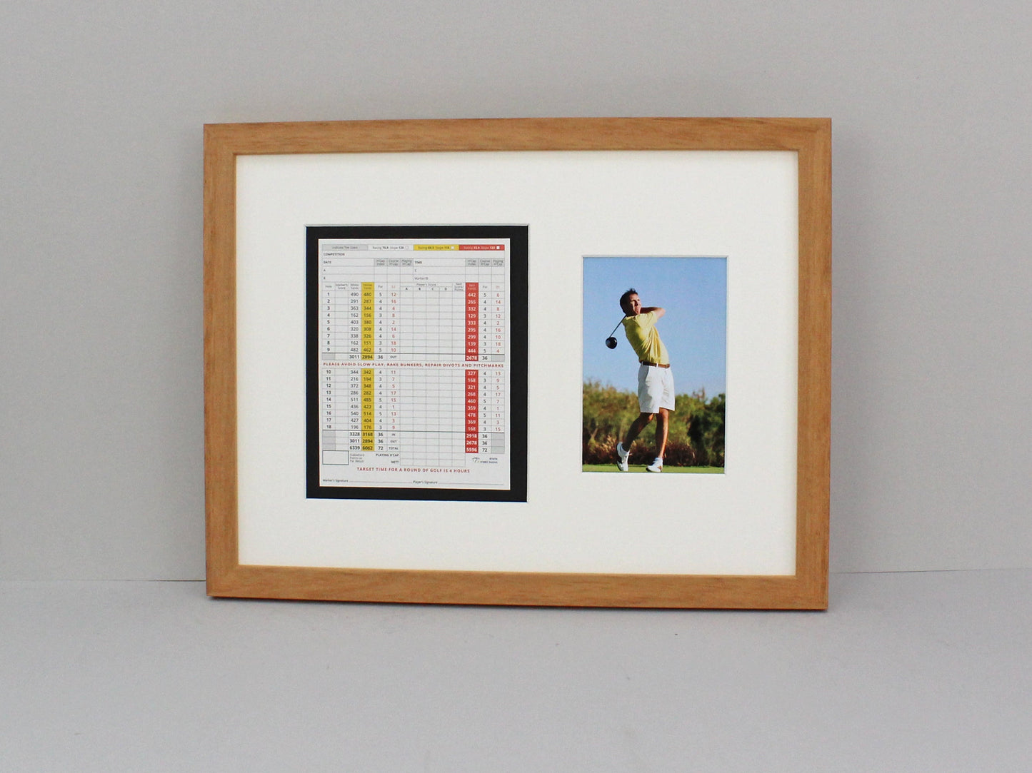 Golf Score Card Display Frame, With 6x4" Photo. 30x40cm Frame | Score Card sizes can vary - Check your size before purchase. - PhotoFramesandMore - Wooden Picture Frames