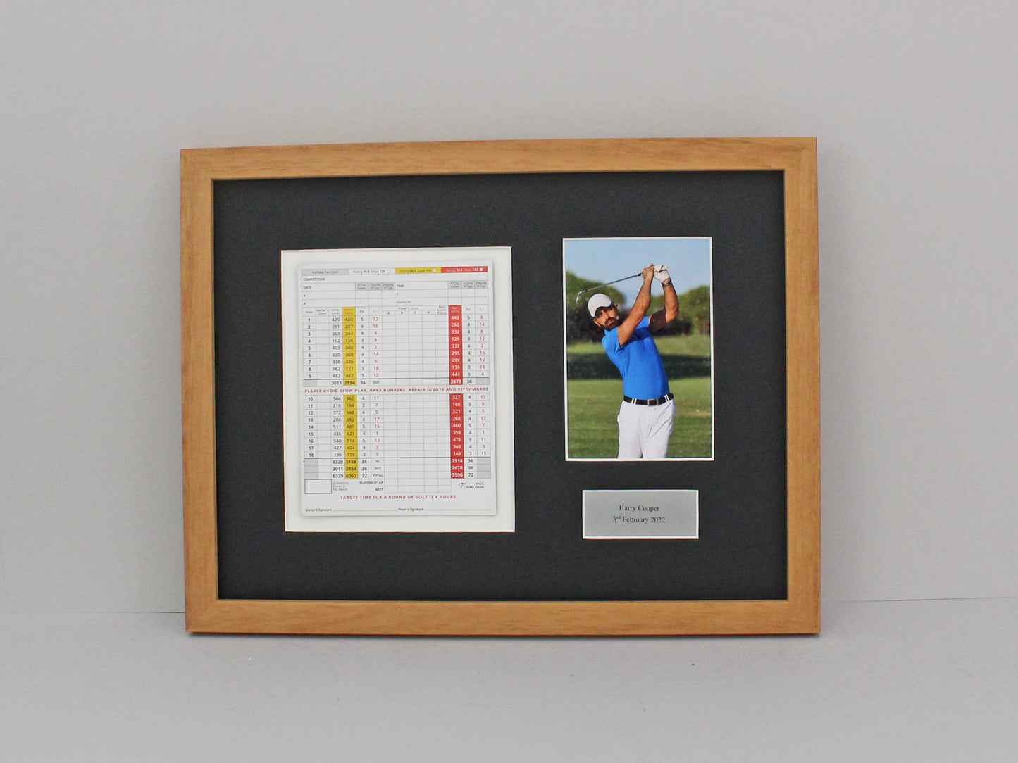Personalised Golf Score Card Display Frame, With 6x4" Photo. 30x40cm Frame | Score Card sizes can vary - Check your size before purchase. - PhotoFramesandMore - Wooden Picture Frames