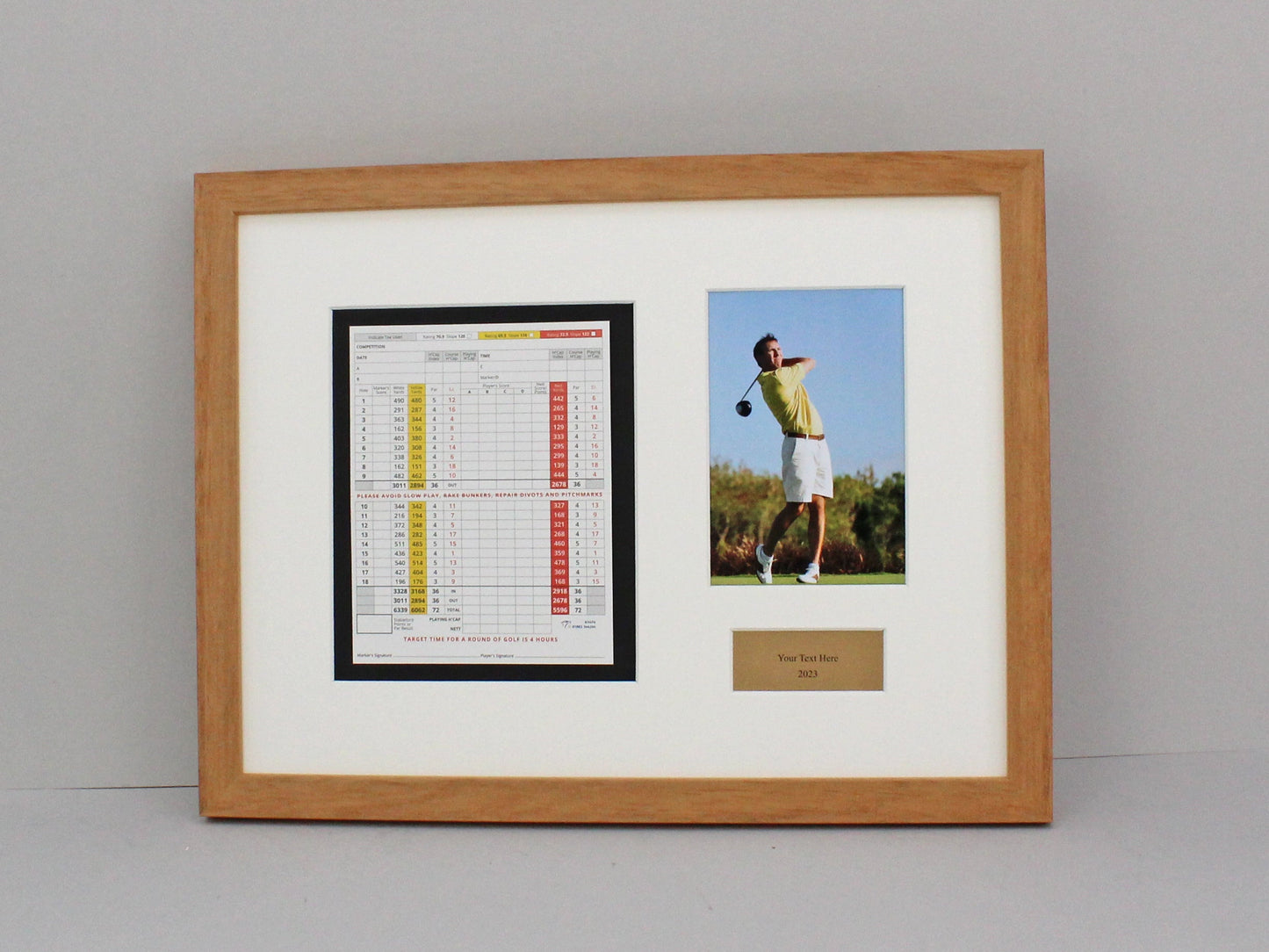 Personalised Golf Score Card Display Frame, With 6x4" Photo. 30x40cm Frame | Score Card sizes can vary - Check your size before purchase. - PhotoFramesandMore - Wooden Picture Frames